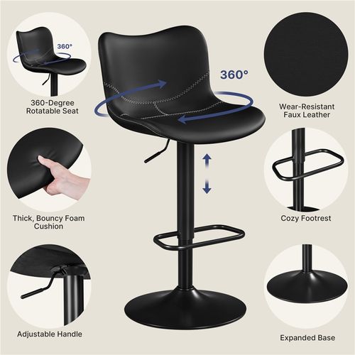 Lot De 2 Tabourets De Bar En Similicuir Réglables En Hauteur Avec Repose-pieds Noir