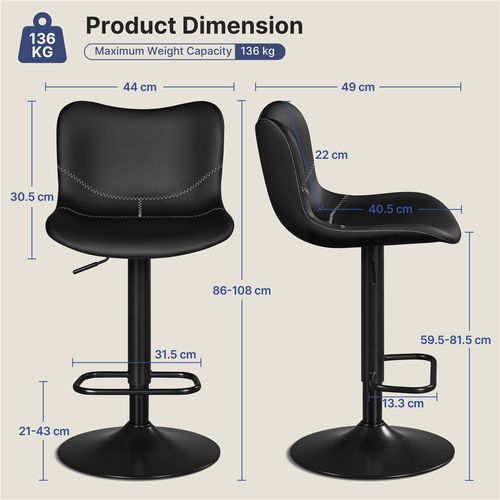 Lot De 2 Tabourets De Bar En Similicuir Réglables En Hauteur Avec Repose-pieds Noir