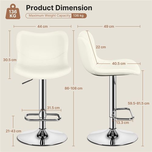 Lot De 2 Tabourets De Bar En Similicuir Réglables En Hauteur Avec Repose-pieds Blanc