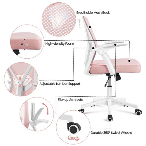 Chaise De Bureau En Maille Avec Support Lombaire Ajustable Assise Réglable En Hauteur, Rose