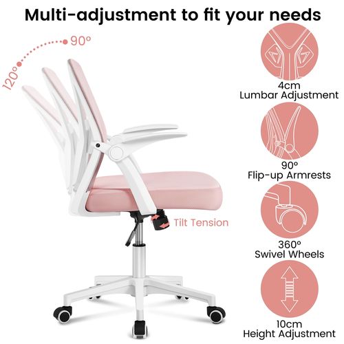 Chaise De Bureau En Maille Avec Support Lombaire Ajustable Assise Réglable En Hauteur, Rose