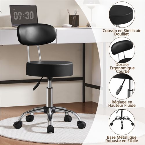 Tabouret Rond à Roulettes Hauteur Réglable 75-84 Cm Avec Assise Rembourrée, Noir