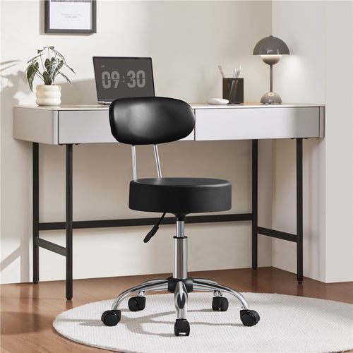 Tabouret Rond à Roulettes Hauteur Réglable 75-84 Cm Avec Assise Rembourrée, Noir
