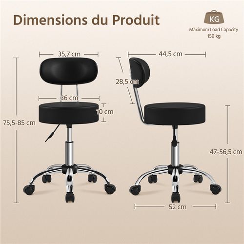 Tabouret Rond à Roulettes Hauteur Réglable 75-84 Cm Avec Assise Rembourrée, Noir