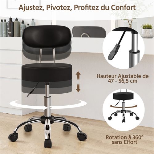 Tabouret Rond à Roulettes Hauteur Réglable 75-84 Cm Avec Assise Rembourrée, Noir