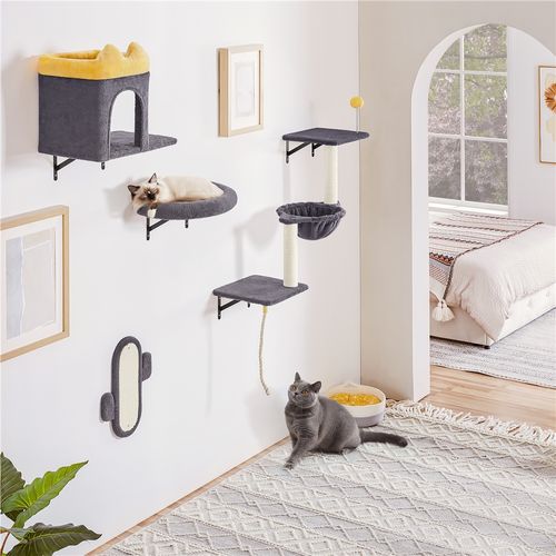 Arbre à Chat Mural Étagères Murales Avec Niches Paniers Griffoirs En Sisal Jouet Gris Foncé