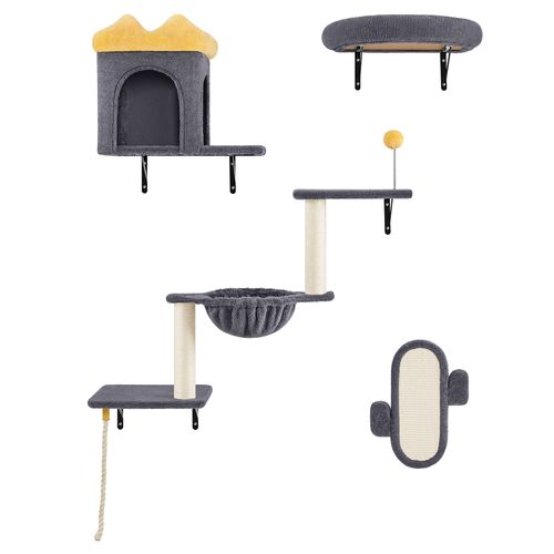 Arbre à Chat Mural Étagères Murales Avec Niches Paniers Griffoirs En Sisal Jouet Gris Foncé