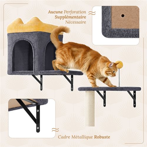 Arbre à Chat Mural Étagères Murales Avec Niches Paniers Griffoirs En Sisal Jouet Gris Foncé