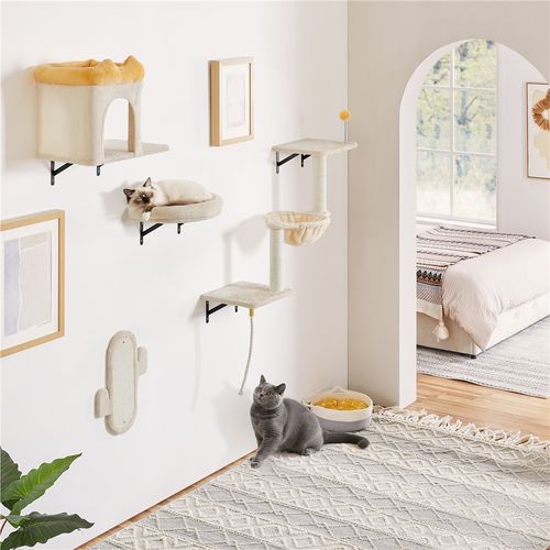 Arbre à Chat Mural Étagères Murales Avec Niches Paniers Griffoirs En Sisal Jouet Beige