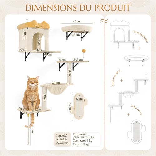 Arbre à Chat Mural Étagères Murales Avec Niches Paniers Griffoirs En Sisal Jouet Beige