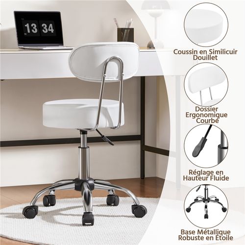 Tabouret Rond à Roulettes Hauteur Réglable 75-84 Cm Avec Assise Rembourrée, Blanc