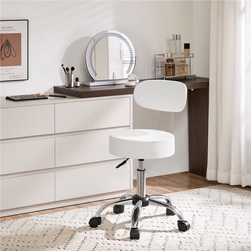 Tabouret Rond à Roulettes Hauteur Réglable 75-84 Cm Avec Assise Rembourrée, Blanc