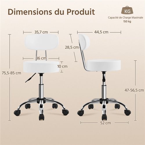 Tabouret Rond à Roulettes Hauteur Réglable 75-84 Cm Avec Assise Rembourrée, Blanc