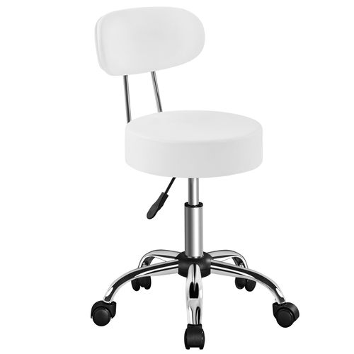 Tabouret Rond à Roulettes Hauteur Réglable 75-84 Cm Avec Assise Rembourrée, Blanc