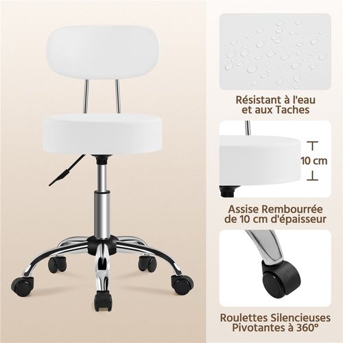 Tabouret Rond à Roulettes Hauteur Réglable 75-84 Cm Avec Assise Rembourrée, Blanc