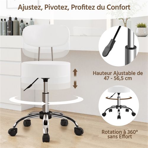 Tabouret Rond à Roulettes Hauteur Réglable 75-84 Cm Avec Assise Rembourrée, Blanc