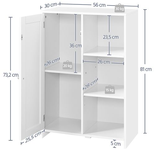 Meuble De Salle De Bain Moderne Avec Porte Unique Et 3 Étagères Ouvertes, Blanc