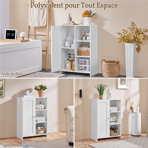 Meuble De Salle De Bain Moderne Avec Porte Unique Et 3 Étagères Ouvertes, Blanc