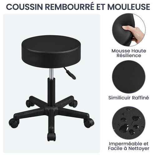 Tabouret Rond à Roulettes Hauteur Réglable Assise Rembourrée Revêtement En Simili Noir