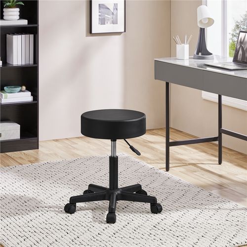 Tabouret Rond à Roulettes Hauteur Réglable Assise Rembourrée Revêtement En Simili Noir