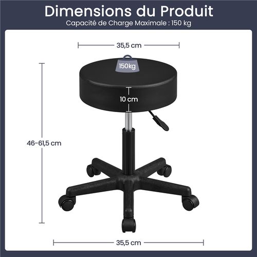 Tabouret Rond à Roulettes Hauteur Réglable Assise Rembourrée Revêtement En Simili Noir