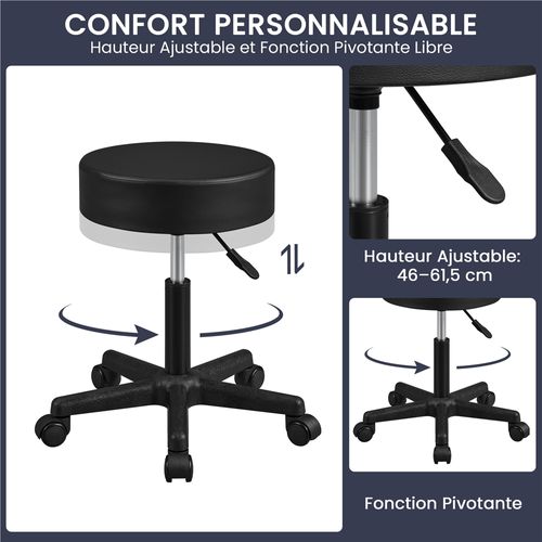 Tabouret Rond à Roulettes Hauteur Réglable Assise Rembourrée Revêtement En Simili Noir