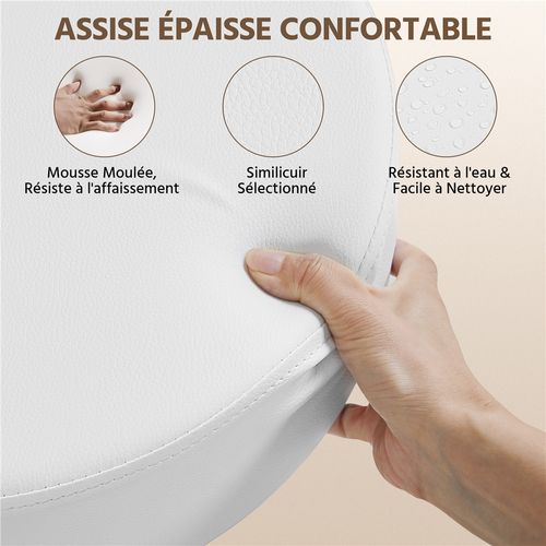 Tabouret Rond à Roulettes Hauteur Réglable Assise Rembourrée Revêtement En Simili Blanc