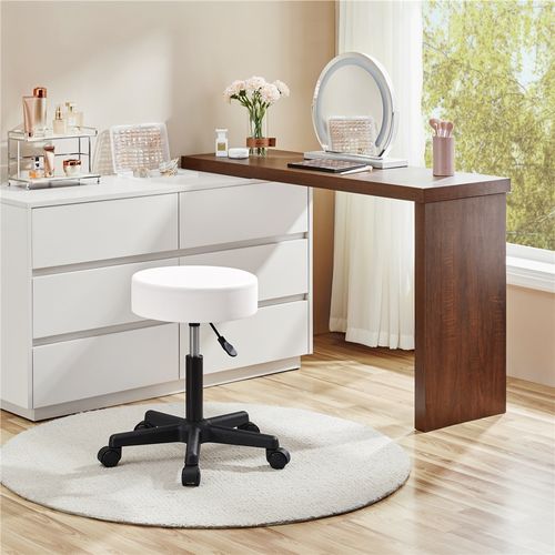 Tabouret Rond à Roulettes Hauteur Réglable Assise Rembourrée Revêtement En Simili Blanc