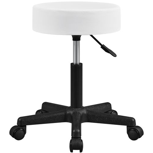 Tabouret Rond à Roulettes Hauteur Réglable Assise Rembourrée Revêtement En Simili Blanc