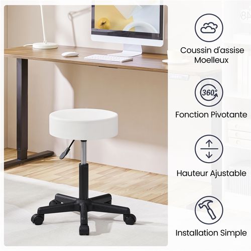Tabouret Rond à Roulettes Hauteur Réglable Assise Rembourrée Revêtement En Simili Blanc