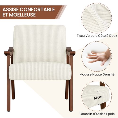 Fauteuil De Salon En Velours Côtelé Style Milieu Du Siècle Avec Pieds En Bois Massif, Beige