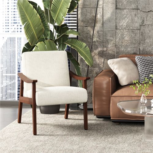 Fauteuil De Salon En Velours Côtelé Style Milieu Du Siècle Avec Pieds En Bois Massif, Beige