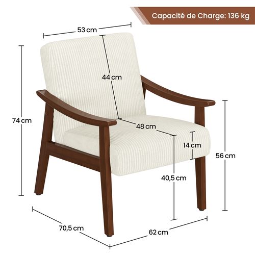 Fauteuil De Salon En Velours Côtelé Style Milieu Du Siècle Avec Pieds En Bois Massif, Beige