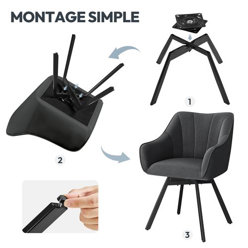 Chaise De Salle à Manger Rotative Avec Assise En Velours Et Pieds En Métal Gris Foncé