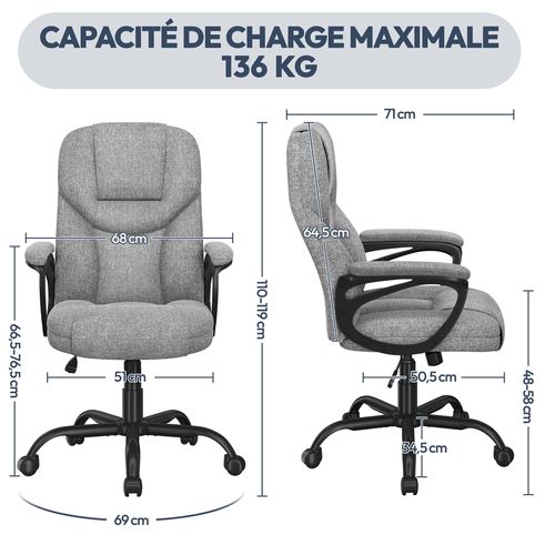 Fauteuil De Bureau En Tissu Avec Haut Dossier Et Assise Réglable En Hauteur Gris