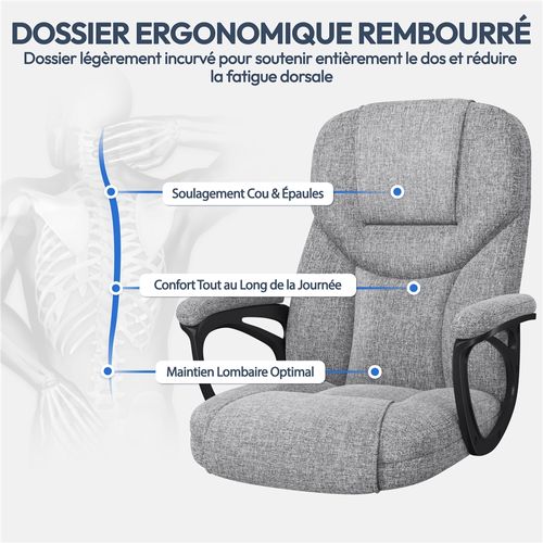 Fauteuil De Bureau En Tissu Avec Haut Dossier Et Assise Réglable En Hauteur Gris