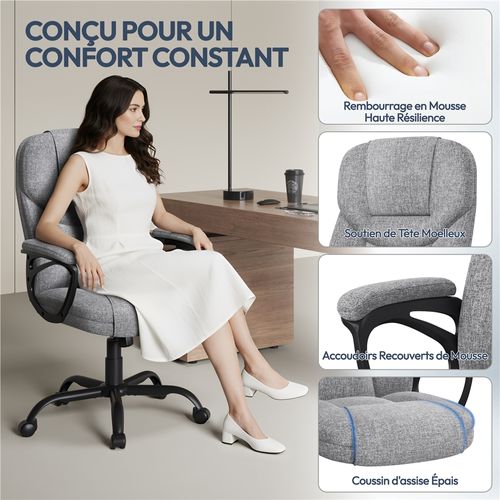 Fauteuil De Bureau En Tissu Avec Haut Dossier Et Assise Réglable En Hauteur Gris