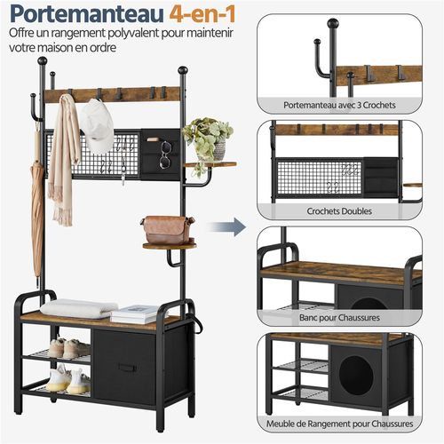 Portemanteau Industriel Chat-humain Avec Niche Perchoirs Rangement 3 Niveaux Brun Rustique