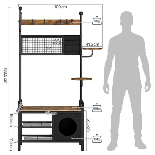 Portemanteau Industriel Chat-humain Avec Niche Perchoirs Rangement 3 Niveaux Brun Rustique