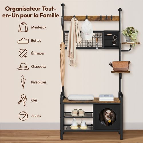 Portemanteau Industriel Chat-humain Avec Niche Perchoirs Rangement 3 Niveaux Brun Rustique