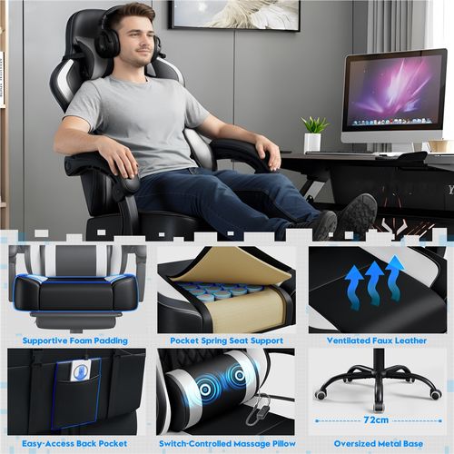 Fauteuil Gaming Inclinable Avec Repose-pieds Et Assise Réglable En Hauteur Noir/blanc