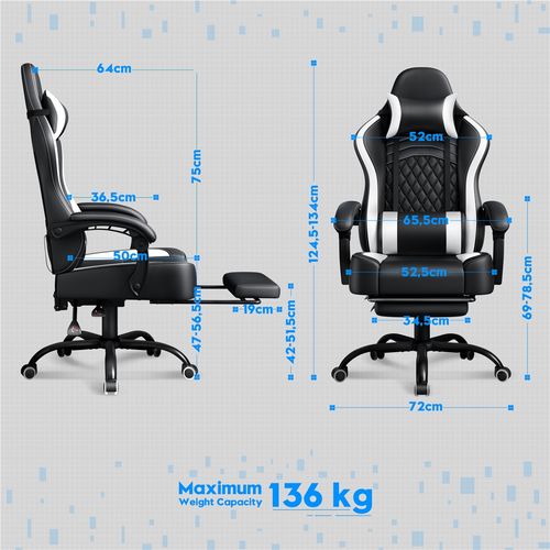 Fauteuil Gaming Inclinable Avec Repose-pieds Et Assise Réglable En Hauteur Noir/blanc