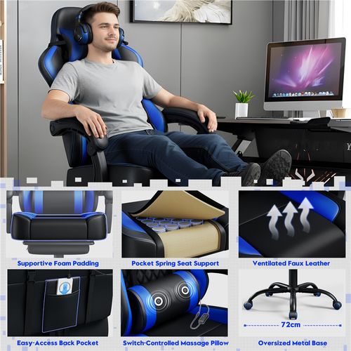 Fauteuil Gaming Inclinable Avec Repose-pieds Et Assise Réglable En Hauteur Noir/bleu