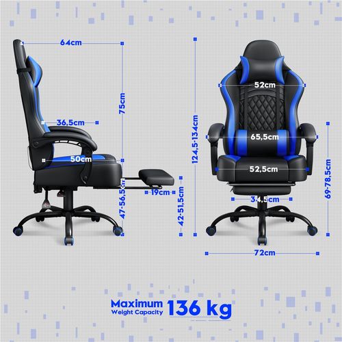 Fauteuil Gaming Inclinable Avec Repose-pieds Et Assise Réglable En Hauteur Noir/bleu