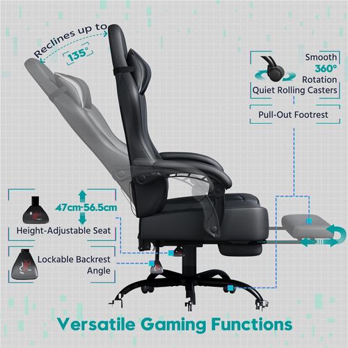 Fauteuil Gaming Inclinable Avec Repose-pieds Et Assise Réglable En Hauteur Noir