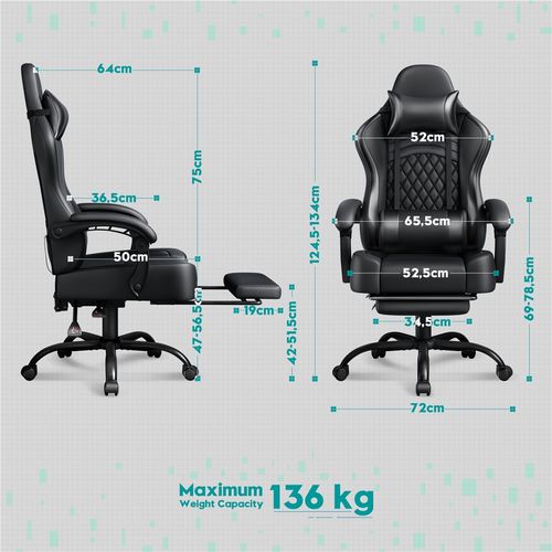 Fauteuil Gaming Inclinable Avec Repose-pieds Et Assise Réglable En Hauteur Noir