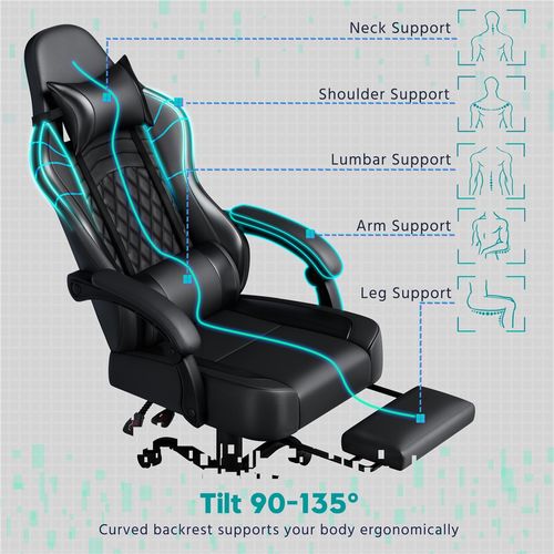 Fauteuil Gaming Inclinable Avec Repose-pieds Et Assise Réglable En Hauteur Noir