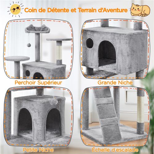 Arbre à Chat En Peluche Tour Multiniveau Avec Perchoirs Cachettes, 203 Cm H Gris Clair