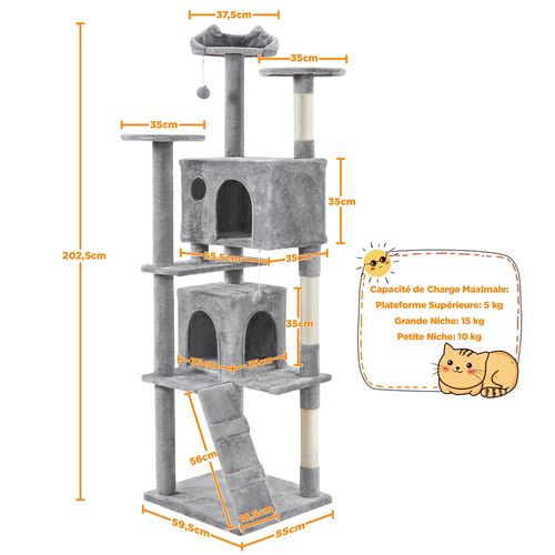 Arbre à Chat En Peluche Tour Multiniveau Avec Perchoirs Cachettes, 203 Cm H Gris Clair