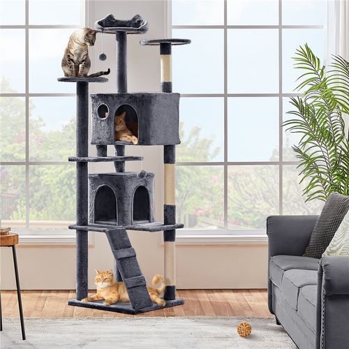 Arbre à Chat En Peluche Tour Multiniveau Avec Perchoirs Cachettes, 203 Cm H Gris Foncé